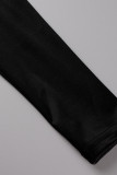 Vestidos de falda de un solo paso con cuello oblicuo de patchwork sólido elegante negro con lazo (sin cinturón)