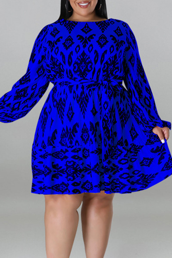 ブルーカジュアルプリント包帯パッチワークOネックストレートプラスサイズのドレス