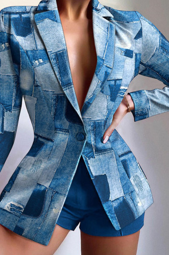 Blue Casual Print Patchwork Buttons Turn-back Collar Long Sleeve Two Pieces