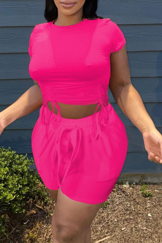 Rose Red Fashion Solid Draw String O Neck Short Sleeve Two Pieces