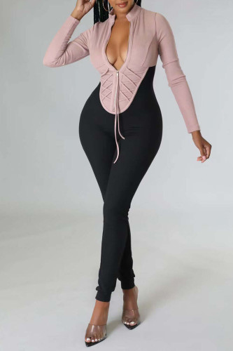 Apricot Pink Sexy Solid Patchwork Fold Zipper Collar Regular Jumpsuits