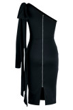 Черное элегантное однотонное платье в стиле пэчворк с бантом и косым воротником, одноступенчатая юбка, платья (без пояса)
