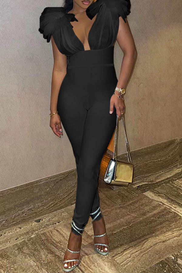 Black Sexy Solid Mesh V Neck Skinny Jumpsuits