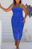 Azul sexy patchwork taladro caliente correa de espagueti lápiz falda vestidos