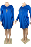 Vestidos de talla grande rectos con cuello en O de patchwork con estampado de moda azul