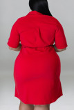 Rojo Casual Sólido Patchwork Hebilla Turndown Collar Recto Tallas grandes Vestidos