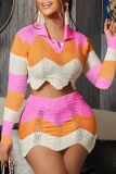 Tangerine Red Sexy Patchwork Hollowed Out Turndown Collar Long Sleeve Two Pieces