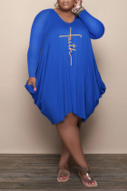 ブルー ファッション プリント パッチワーク O ネック ストレート プラス サイズ ドレス