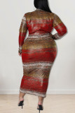 Красная мода Повседневная полосатая печать Пэчворк с круглым вырезом One Step Юбка Платья больших размеров
