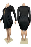 Black Fashion Print Patchwork O Neck Straight Plus Size Dresses