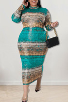 ライト ブルー ファッション カジュアル ストライプ プリント パッチワーク O ネック ワン ステップ スカート プラス サイズのドレス