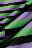 Фиолетовый Зеленый Повседневная Полосатый принт Пэчворк О-образный вырез Без рукавов Из двух частей