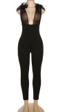 Black Sexy Solid Mesh V Neck Skinny Jumpsuits