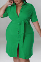 グリーン カジュアル ソリッド パッチワーク バックル ターンダウン カラー ストレート プラスサイズ ドレス