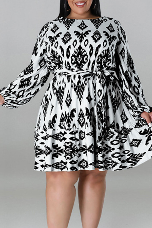 White Casual Print Bandage Patchwork O Neck Straight Plus Size Dresses