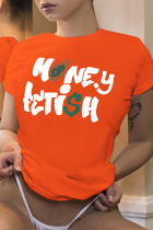 Orange Mode-Straßen-Lippen bedruckte T-Shirts mit Patchwork-Buchstabe O Hals