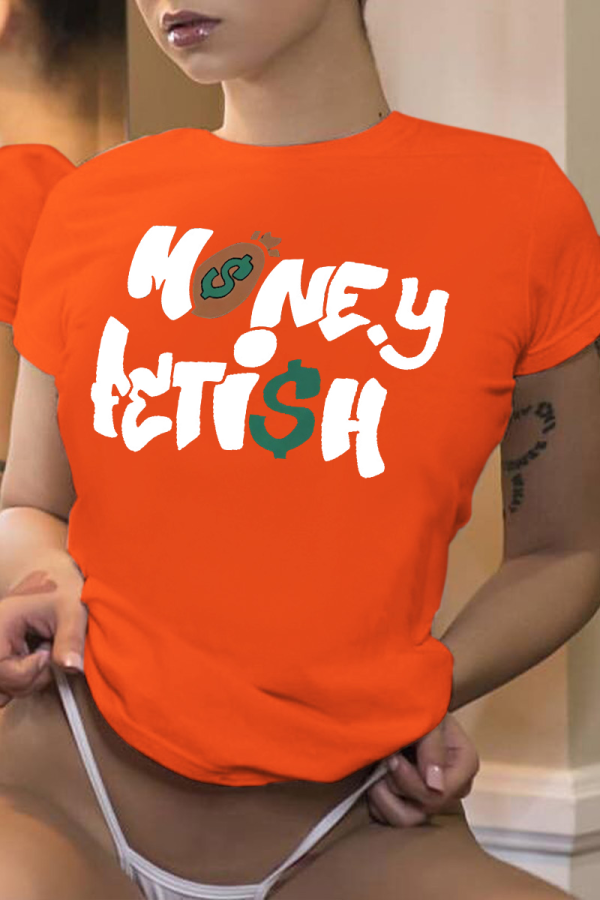 Orange Fashion Street Läppar Tryckta Patchwork O-hals T-shirts