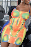 Colour Sexy Print Patchwork Spaghetti Strap Sling Dress Dresses