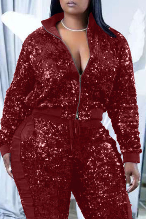 Бордовый Сексуальная однотонная верхняя одежда с пайетками и воротником-молнией в стиле пэчворк (только верхняя одежда)