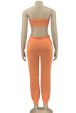 Tangerine Red Sexy Solid Patchwork Stringy Selvedge Strapless Sleeveless Two Pieces