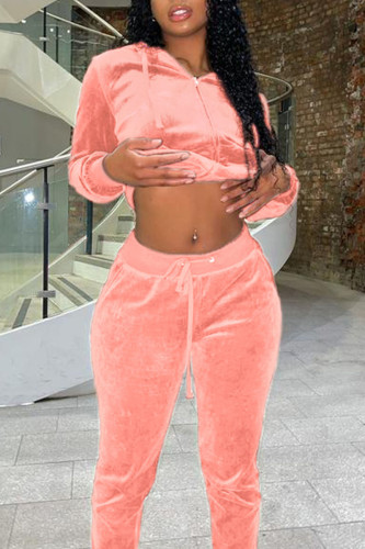 Pink Casual Solid Patchwork Hooded Collar Long Sleeve Two Pieces