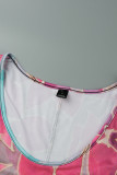 Fuchsia Fashion Casual Print Patchwork V Neck Robes à manches longues