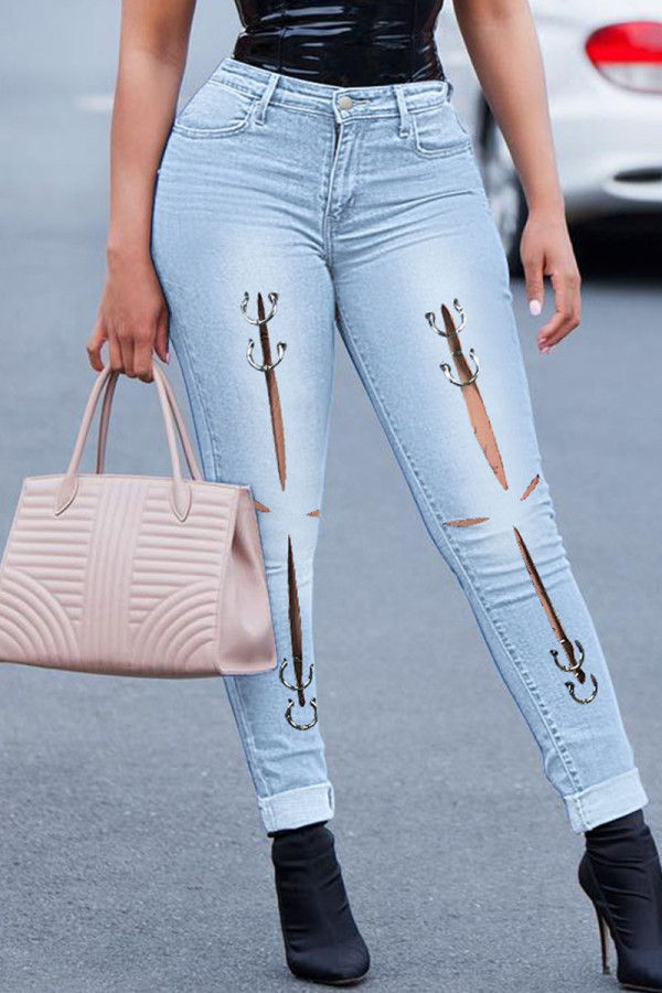 Ljusblå Street Solid urholkat Patchwork Metalltillbehör Dekoration Jeans med hög midja