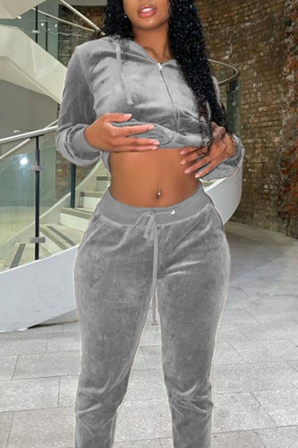 Grey Casual Solid Patchwork Hooded Collar Long Sleeve Two Pieces