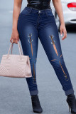 Jeans en Denim taille haute, bleu clair, couleur unie, ajouré, Patchwork, accessoires en métal, décoration, taille haute