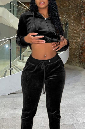 Black Casual Solid Patchwork Hooded Collar Long Sleeve Two Pieces