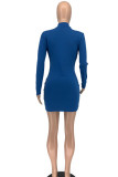Blue Sexy Solid Hollowed Out Patchwork Zipper Collar Pencil Skirt Dresses