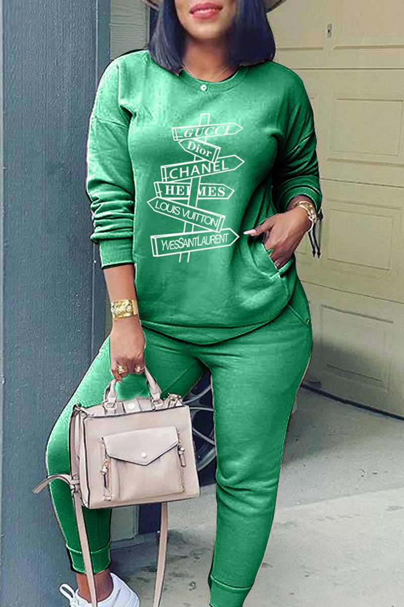 

Green Fashion Casual Print Letter O Neck Long Sleeve Two Pieces