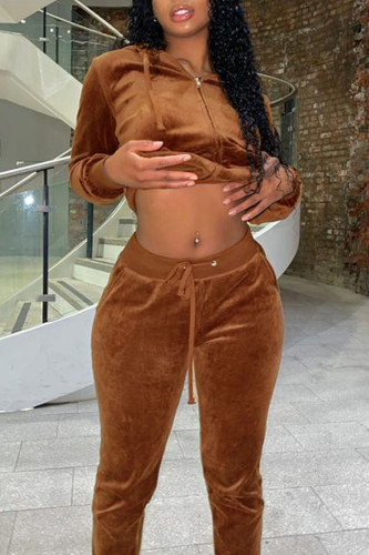 Brown Casual Solid Patchwork Hooded Collar Long Sleeve Two Pieces