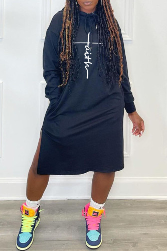 Black Casual Print Patchwork Hooded Collar Straight Dresses