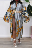 Yellow Fashion Print Patchwork Cardigan Collar Outerwear(Without belt)