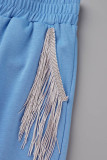 Sky Blue Fashion Casual Solid Tassel Patchwork V Neck Long Sleeve Two Pieces