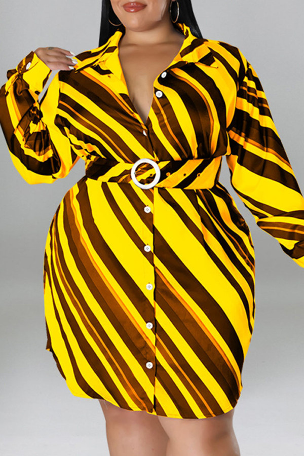 Vestido amarelo casual estampado patchwork fivela com gola virada para baixo vestidos plus size