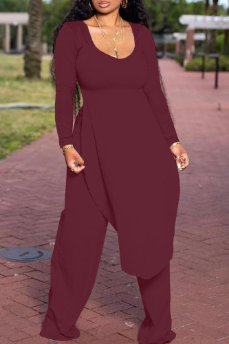 Burgundy Casual Solid Patchwork Slit O Neck Plus Size Two Pieces