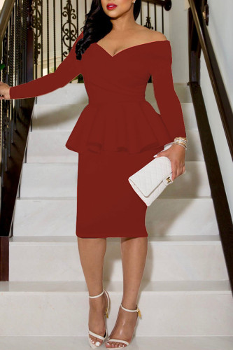 Brick Red Casual Solid Patchwork Flounce V Neck Two Pieces