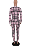ピンク ファッション チェック柄バックル V ネック スキニー ジャンプスーツ