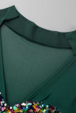 Combinaisons maigres à col en V transparent à la mode sexy en patchwork de paillettes vertes