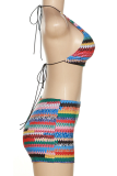 Colour Sexy Patchwork Hollowed Out Halter Sleeveless Two Pieces