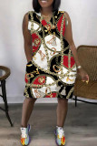 ブラック ゴールド ファッション カジュアル プリント パッチワーク V ネック ノースリーブ プラス サイズ ドレス