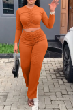 Оранжевый Модные Однотонные Складки с V-образным Вырезом С Длинным Рукавом Из Двух Частей
