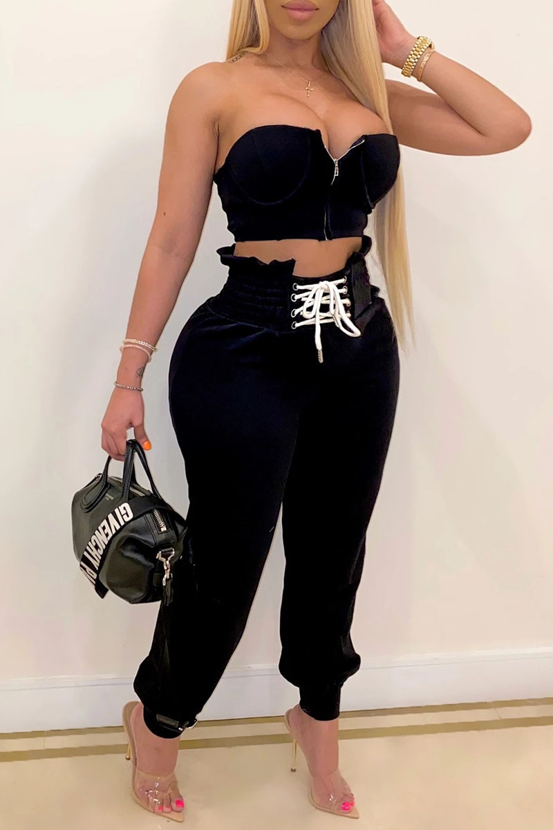 Sexy Solid Draw String Sequined Strapless Sleeveless Two Pieces