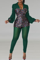 Green Fashion Sexy Patchwork Sequins See-through V Neck Skinny Jumpsuits