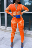 Oranje Mode Patchwork Tie-dye Rits Kraag Lange Mouw Twee Stukken