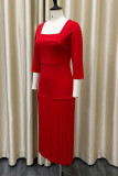 Vestidos rectos de cuello cuadrado con pliegues de patchwork sólido elegante rojo