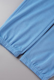 Azul céu moda casual borla patchwork decote em v manga longa duas peças