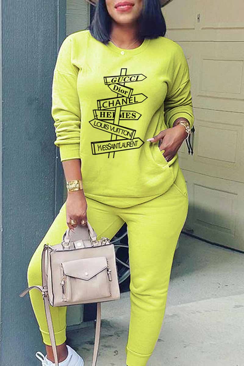 

Fruit Green Fashion Casual Print Letter O Neck Long Sleeve Two Pieces